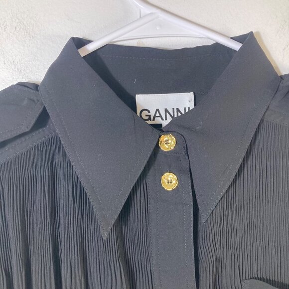 Womens Ganni Pleated Georgette‎ Shirt Dress Black 2/EU34 Crinkled Polyester - Picture 3 of 11